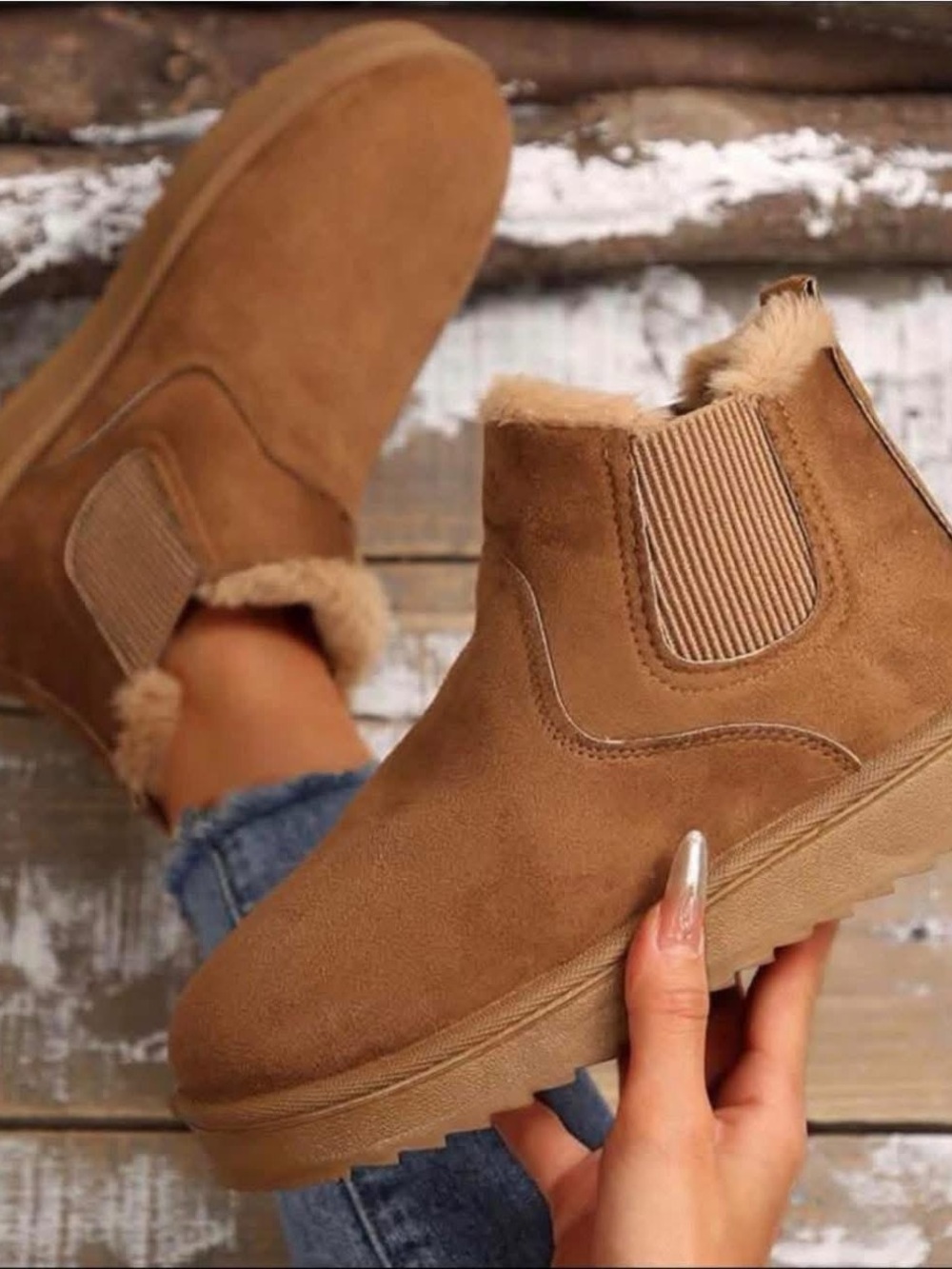 SHEIN Brown Faux Suede Fur-Trim Chelsea Booties